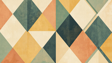 An abstract geometric pattern composed of overlapping triangles in muted earthy tones, including ochre, sage, and beige. The design creates a harmonious blend of shapes and colors