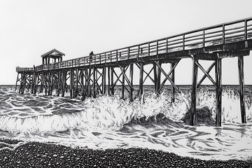 Fototapeta premium Black and White Ink Drawing of a Pier with Crashing Waves on a Rocky Beach.
