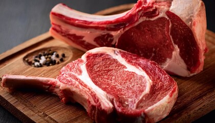 Raw t-bone beef on the wooden plate