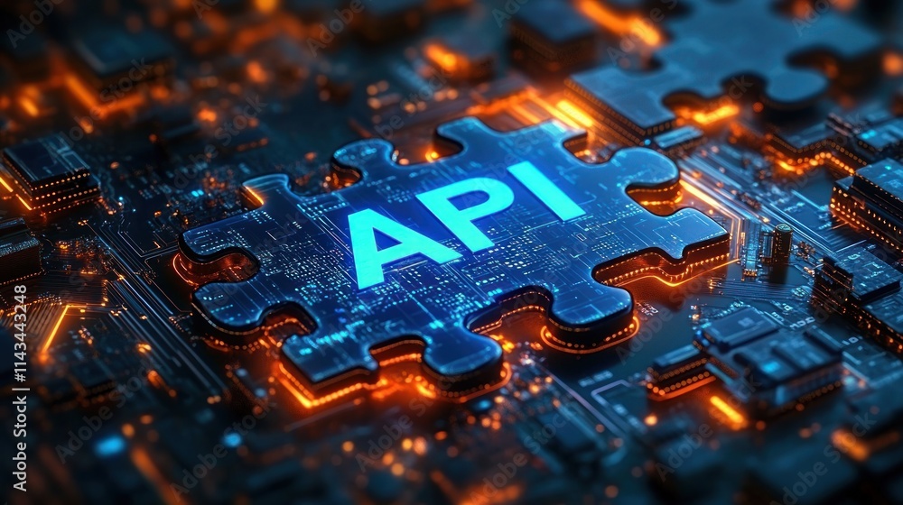 Poster api integration concept digital puzzle piece connectivity interoperability technology background