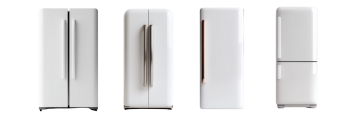 A series of four modern refrigerators showcasing different designs and configurations in a sleek white finish.