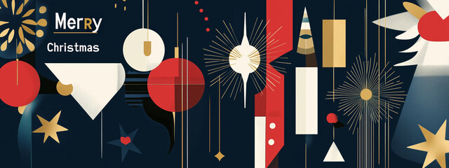 "Modern Christmas background with geometric patterns and festive ornaments in red and gold"
