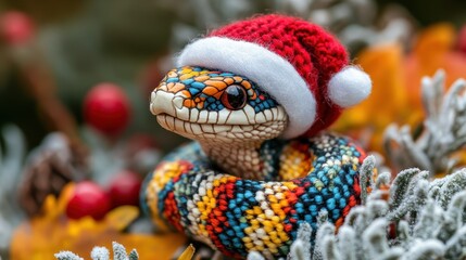 A cute and colorful knitted toy snake wearing a festive Santa hat, perfect for holiday decorations or gifts