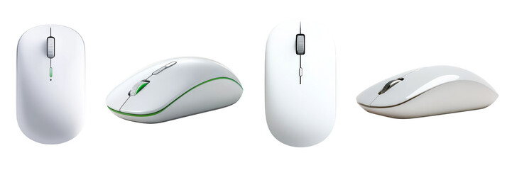 A collection of four computer mice showcasing different designs and shapes, all in a sleek white finish.