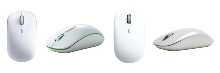 A collection of four computer mice showcasing different designs and shapes, all in a sleek white finish.