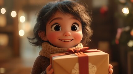 A cute child smiles as she looks at her Chrismas present