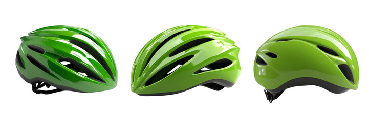 Fototapeta premium Three sleek green cycling helmets showcasing aerodynamic designs and ventilation features.
