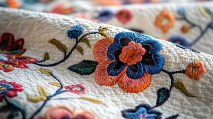 A detailed close-up of a vibrant floral textile reveals its elaborate designs and rich hues against a stark white backdrop.