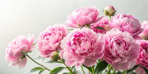 Obraz premium Delicate pink peonies in full bloom against a soft, white background