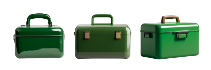 Three green boxes with handles, featuring shiny surfaces and gold clasps, showcasing a vintage aesthetic.