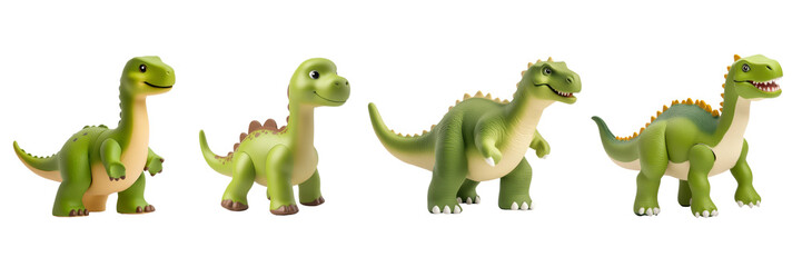 Naklejka premium Four playful green dinosaur figures, showcasing various sizes and designs, capturing a whimsical and friendly aesthetic.