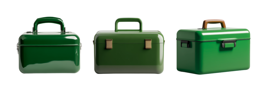 Three green boxes with handles, featuring shiny surfaces and gold clasps, showcasing a vintage aesthetic.