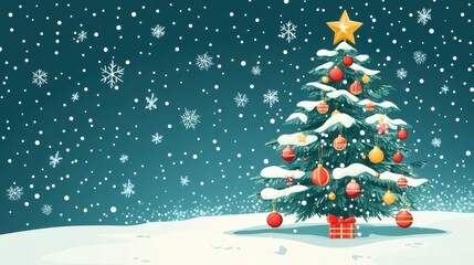 A festive Christmas tree adorned with colorful ornaments and a star, capturing the joy of winter celebrations in a flat vector style design set against a snowy backdrop