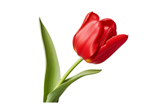 vibrant red tulip flower with green leaves, beautifully isolated on transparent background, symbolizes love and passion, perfect for floral arrangements or spring themes