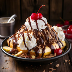 Glistening Banana Split Dessert in Cozy Rustic Setting: A Delightful Gastronomical Indulgence