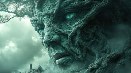 Ancient tree face, misty landscape, lone figure.