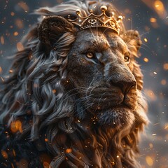 Majestic lion, crowned in gold, amidst fiery sparks. A powerful image of regality and strength.