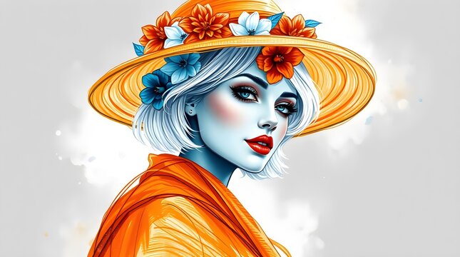 digital light art show colorful glowing white airbrush glass sculpture of an abstract woman, on black canvas. he wore an orange silk scarf wrapped around him with a matching orange wide-slanted hat.