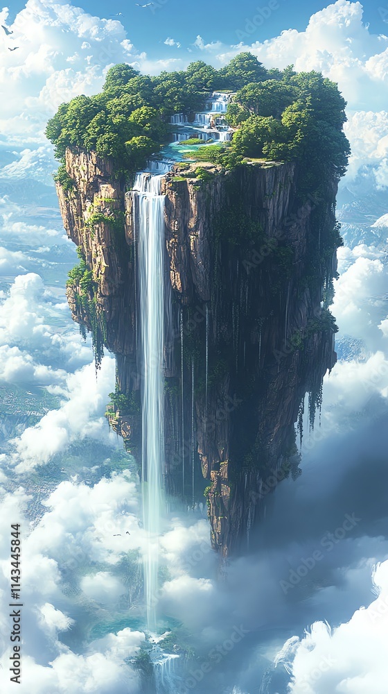 Poster a floating island with a waterfall cascading into clouds, surrounded by lush greenery.