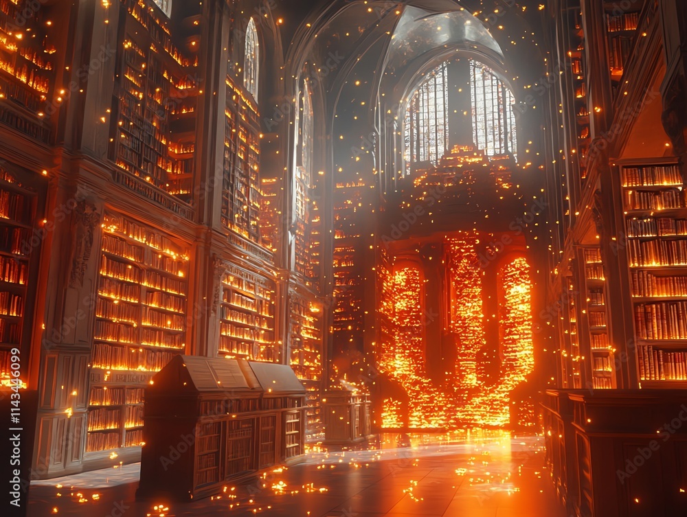 Aufkleber a mystical library illuminated by glowing particles and warm light.