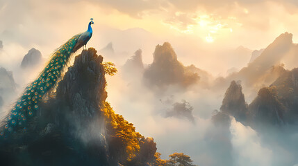 Golden peacock perched atop mount laojun, radiating elegance and mystique. Mystique. Illustration