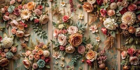 Naklejka premium Elegant artificial flowers wall in a distressed, vintage style with intricate patterns and colors , antique