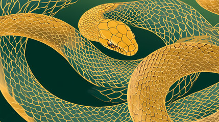 Golden snake illustration with minimalistic design, featuring intricate scales and vibrant green background. artwork evokes sense of elegance and mystique. Mystique. Illustration