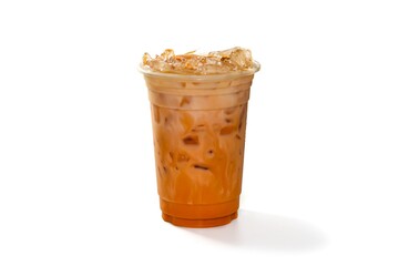Pictures of Ice Thai tea serving on white background in isolated concept.