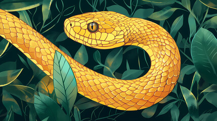 Golden snake illustration with minimalistic design, featuring intricate scales and vibrant green background. artwork evokes sense of elegance and mystique. Mystique. Illustration