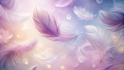 Soft pastel feather textures floating on a gradient of pale pink and lavender hues against an abstract background with swirling patterns, bird feathers, gentle colors