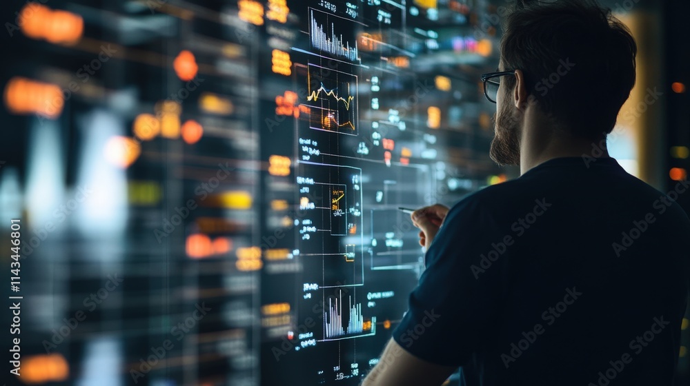 Poster Business Analyst Working on Data Visualization in Modern Office Environment with Interactive Charts and Graphs Displayed on Large Screen