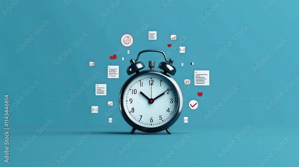Poster black alarm clock surrounded by floating icons representing time management, reminders, and communic
