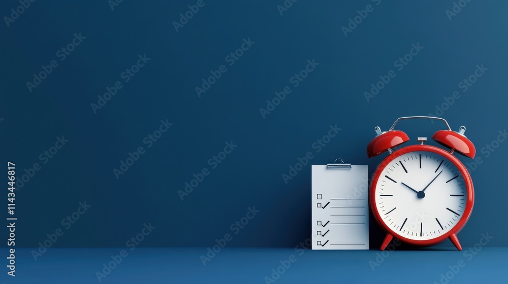 Poster bright red alarm clock and notepad against a dark blue background emphasizing time management and pr