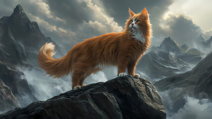 Majestic orange cat stands on a rock amidst a dramatic, moody landscape, evoking a sense of adventure and nature's mystique. Mystique. Illustration