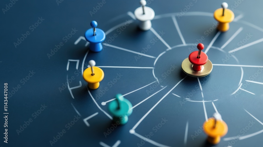 Poster colorful push pins arranged in a circular pattern on a blue background, representing organization, p