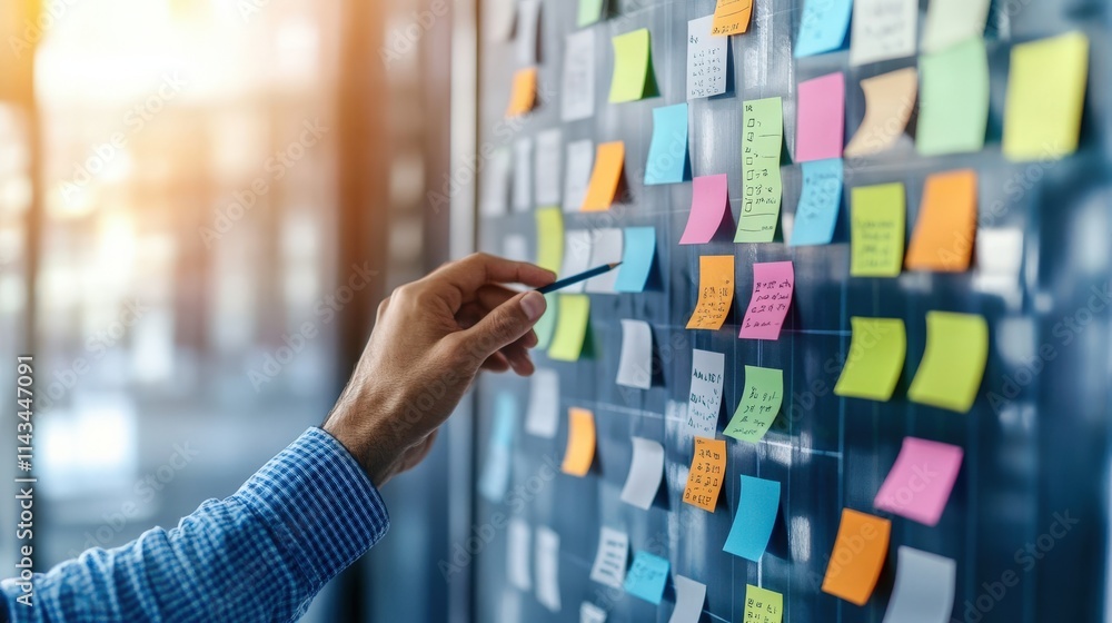 Poster Hand Removing Sticky Note from a Colorful Wall Full of Post-It Notes in a Modern Office Environment with Natural Light