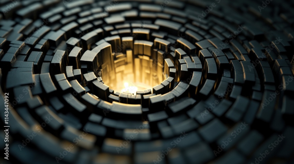 Aufkleber Abstract Spiral Structure with Illuminating Center Emphasizing Depth and Geometry in Dark Metallic Blocks, Perfect for Modern Design and Technology Themes