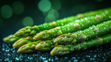 Fresh Green Asparagus Spears Glistening With Water Droplets