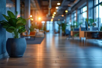 Large room with a plant in a vase on the floor