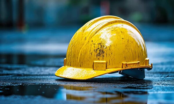Yellow hard hat sits on wet ground at construction site entrance