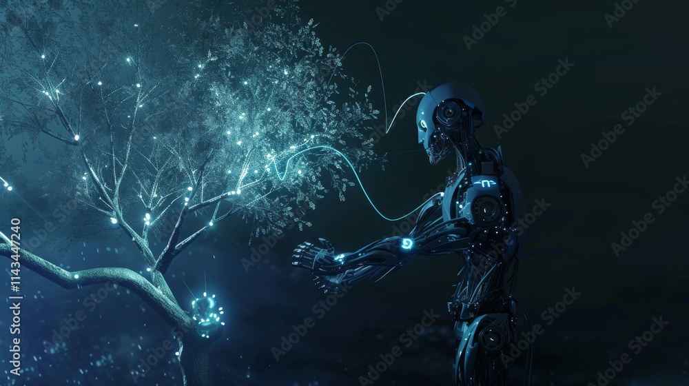 Poster a sleek humanoid robot channels energy into a glowing tree in a mysterious, dark setting. the visual