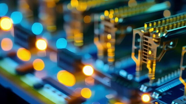 Close up of ram memory sticks processing big data and illuminating a motherboard with bokeh effect, representing the power of modern computing