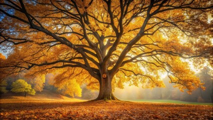 A majestic oak tree stands tall amidst a crunchy carpet of golden autumn leaves, its branches stretched out like nature's own work of art , dry leaves, nature