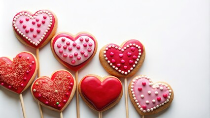 Obraz premium Colorful Valentine cookie pops with red and pink frosting on a white background, holiday, candy, holiday, candy, treats, treats