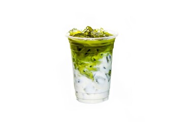 Pictures of Ice green tea matcha milk serving on white background in isolated concept.