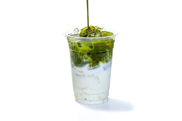 Pictures of pouring Ice green tea matcha mixed with milk serving on white background in isolated...