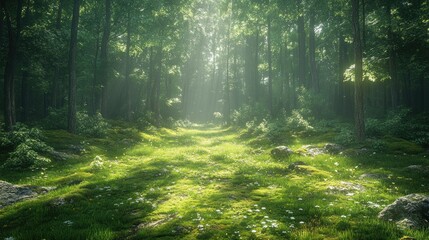 Fototapeta premium Sunlit forest path, mossy ground, wildflowers.