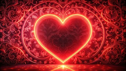 Glowing red neon heart with intricate details in a romantic background, festive atmosphere