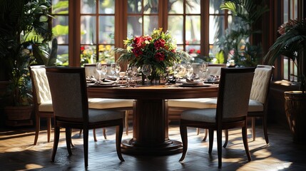 Fototapeta premium An exquisite round dining table made of rich mahogany, adorned with fresh flowers and surrounded by comfortable chairs, in a sunlit space.
