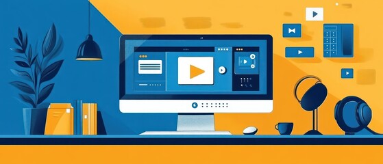 E-Learning Online Education Digital Learning Concept with Computer Screen Video Call Elements